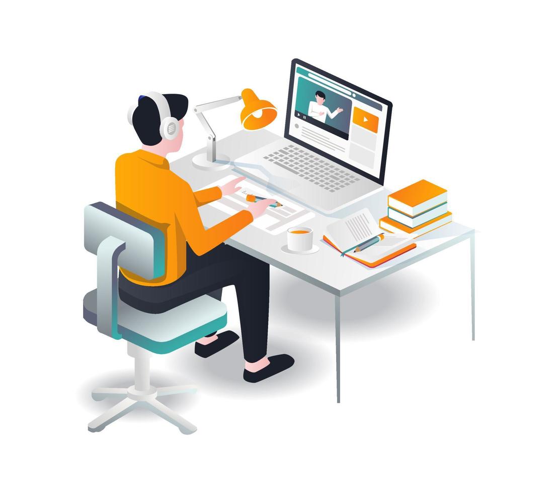 man making work concept in front of computer with tutorial free vector